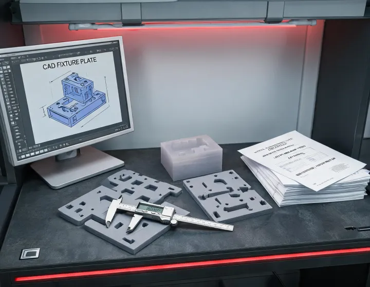 Additive tooling parts staged beside CAD review station