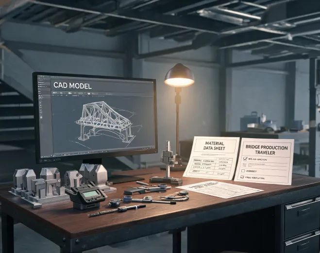Engineer reviewing CAD and tooling fixtures